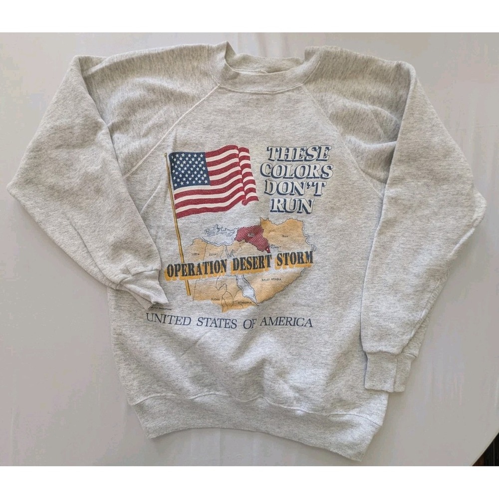 Vintage 90s Operation Desert Storm Sweatshirt XL Gray Map Flag USA Made Raglan